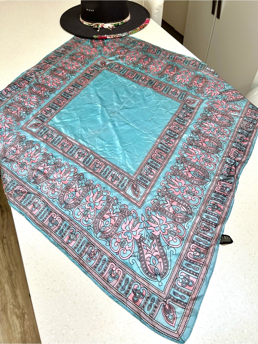 Made In JAPAN Vintage Turquoise and Pink Paisley boho southwestern Scarf/wrap